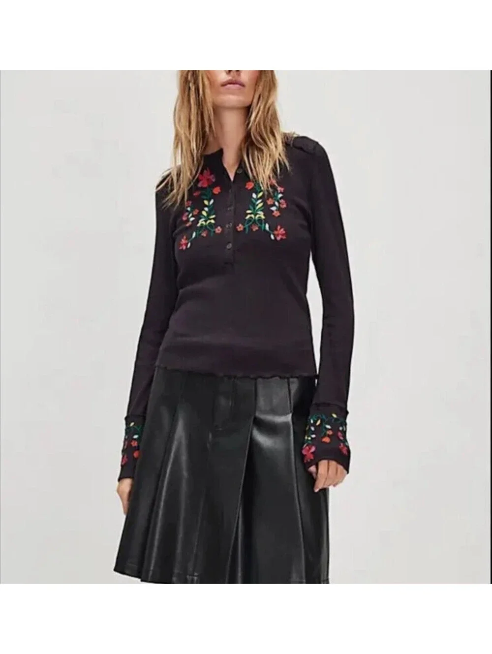 Free People Fleur Embroidered Henley Cuff Top Black Size XS NWT